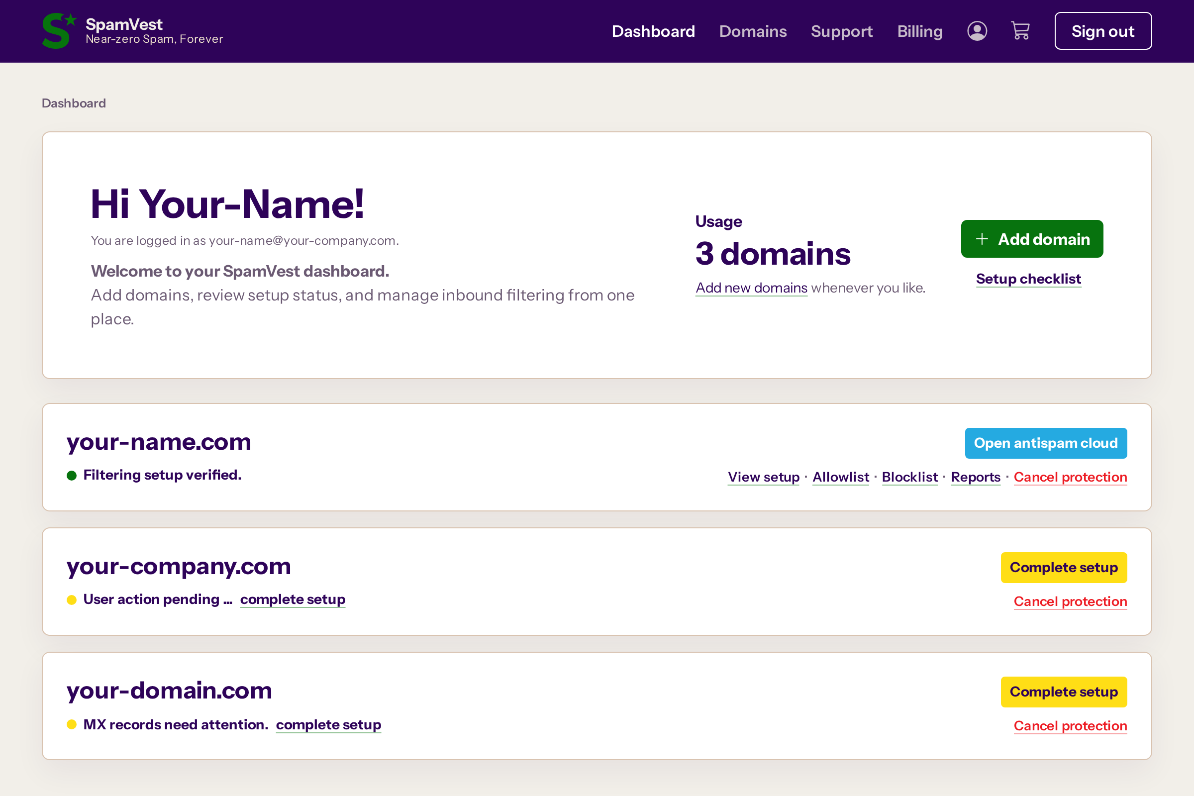 SpamVest dashboard showing demo protected domains and setup status