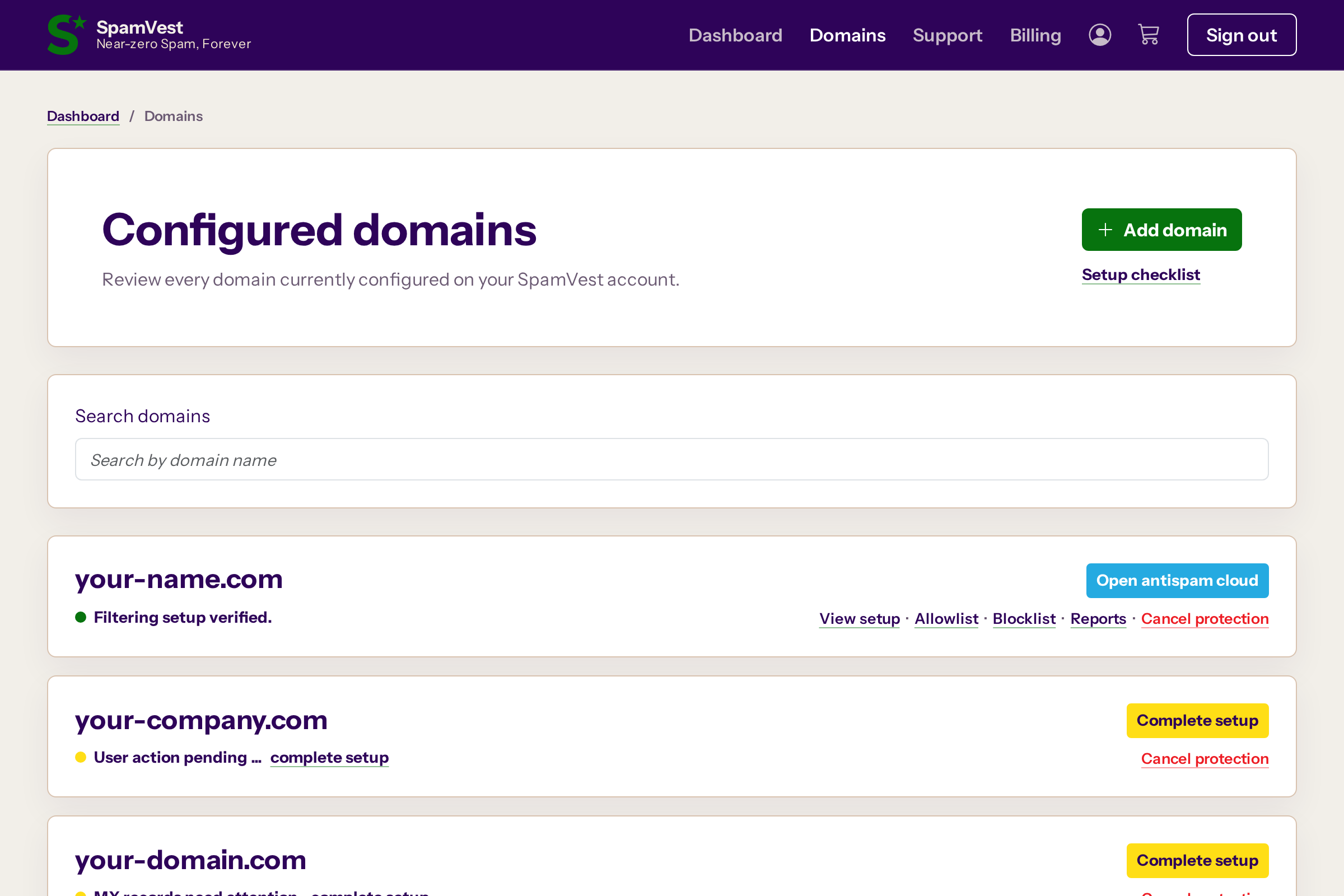 SpamVest domains page showing setup states for demo domains